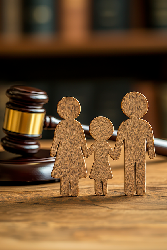 La figura de la familia al lado del martillo del juez simboliza la protección de los derechos de los niños en los casos de custodia